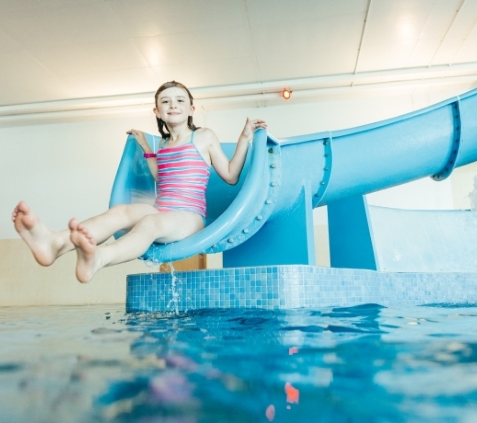 down the slides at the indoor pool at  Pentewan Sands Holiday Park